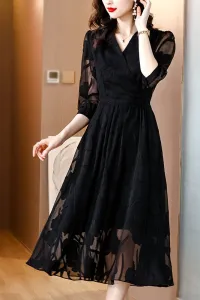 高级感黑色连衣裙女早春2024新款气质显瘦减龄裙子时尚雪纺裙长裙
