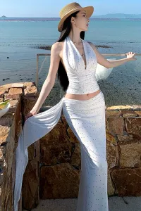 法式复古波点套装V领修身挂脖背心高腰包臀半身裙两件套连衣裙